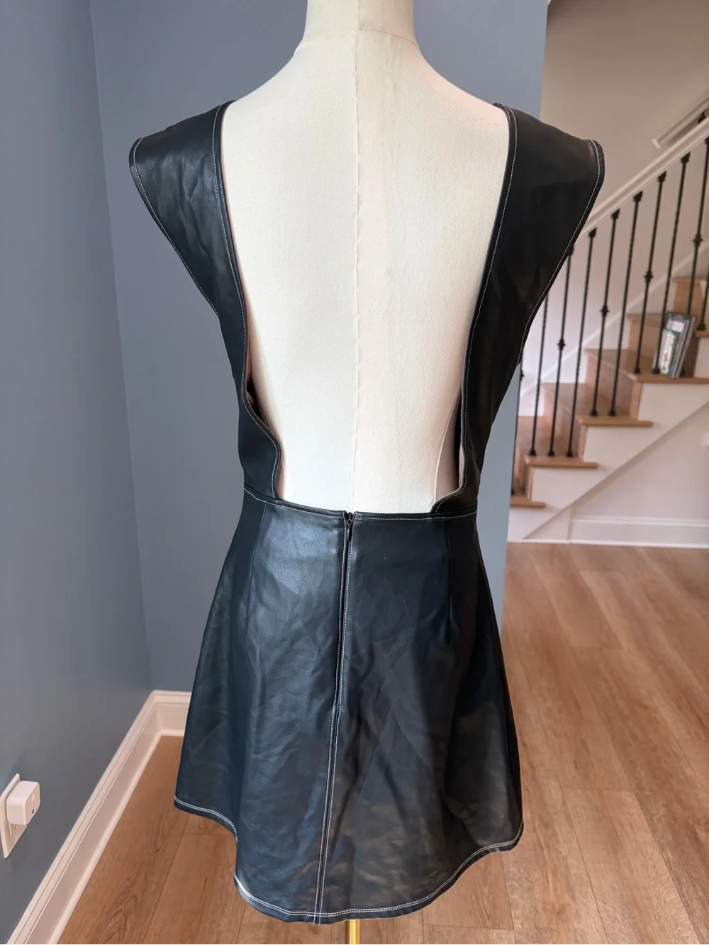 Free People Black Faux Leather Open Back Mini Dress Contrast Stitching Small